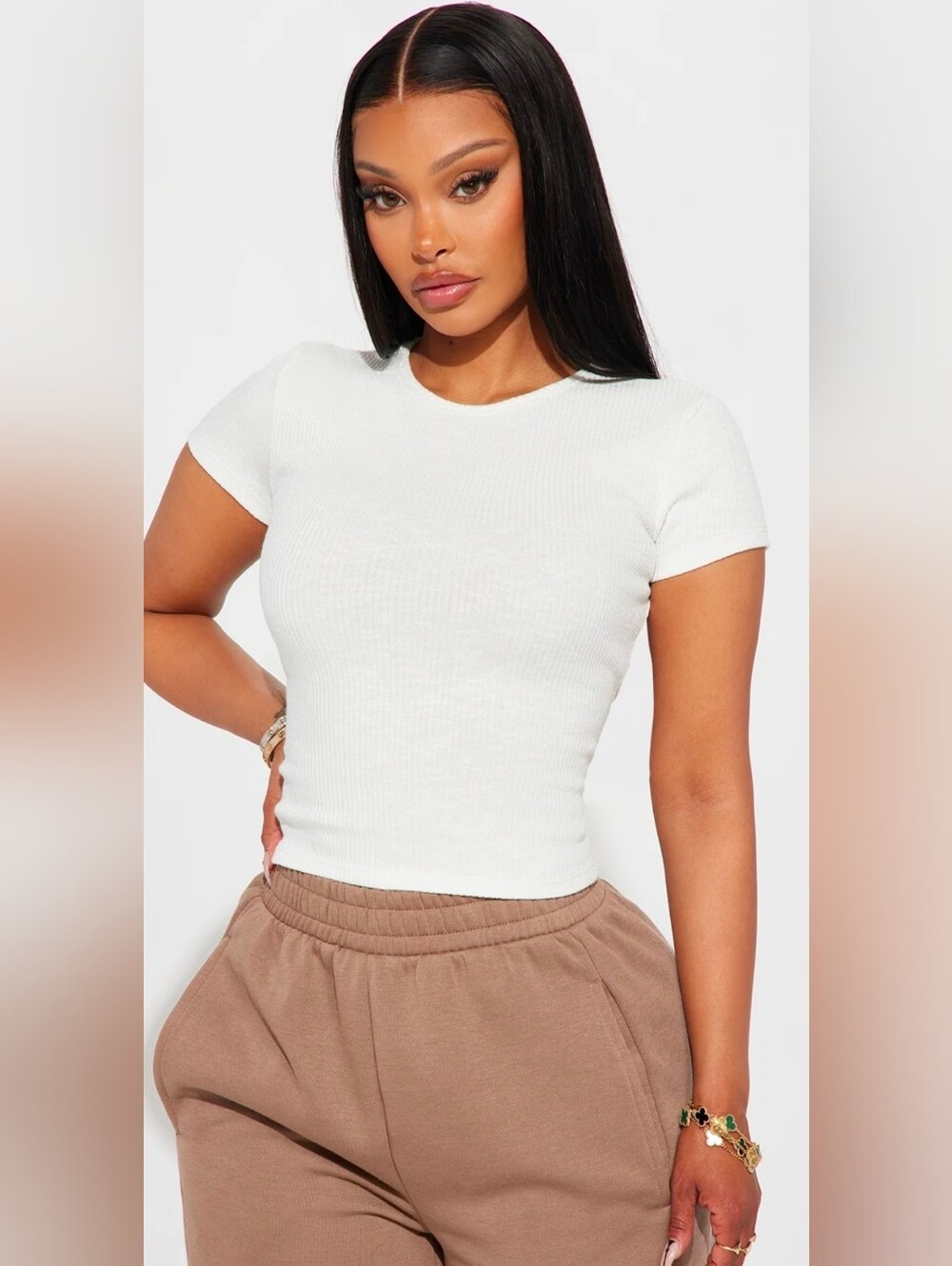 Fashion Nova White Ribbed Short Sleeve Crewneck Top